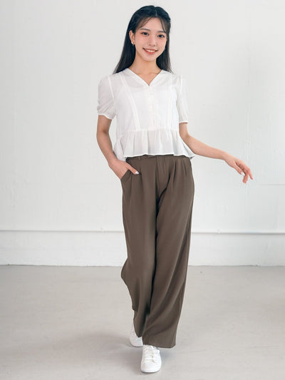 Ramphal V-neck Ruffle Hem Top - DAG-G-220124WhiteF - Mochi Ivory - F - D'ZAGE Designs