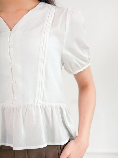 Ramphal V-neck Ruffle Hem Top - DAG-G-220124WhiteF - Mochi Ivory - F - D'ZAGE Designs