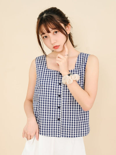 Checkered Button-up Top CLASSIC NAVY - DAG-DD8512-21ClassicNavyF - Blue White Checkers - F - D'ZAGE Designs