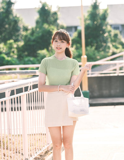 Crew Neck Lettuce Hem Top - DAG-KR9239-22Matcha - Matcha Green - F - D'ZAGE Designs
