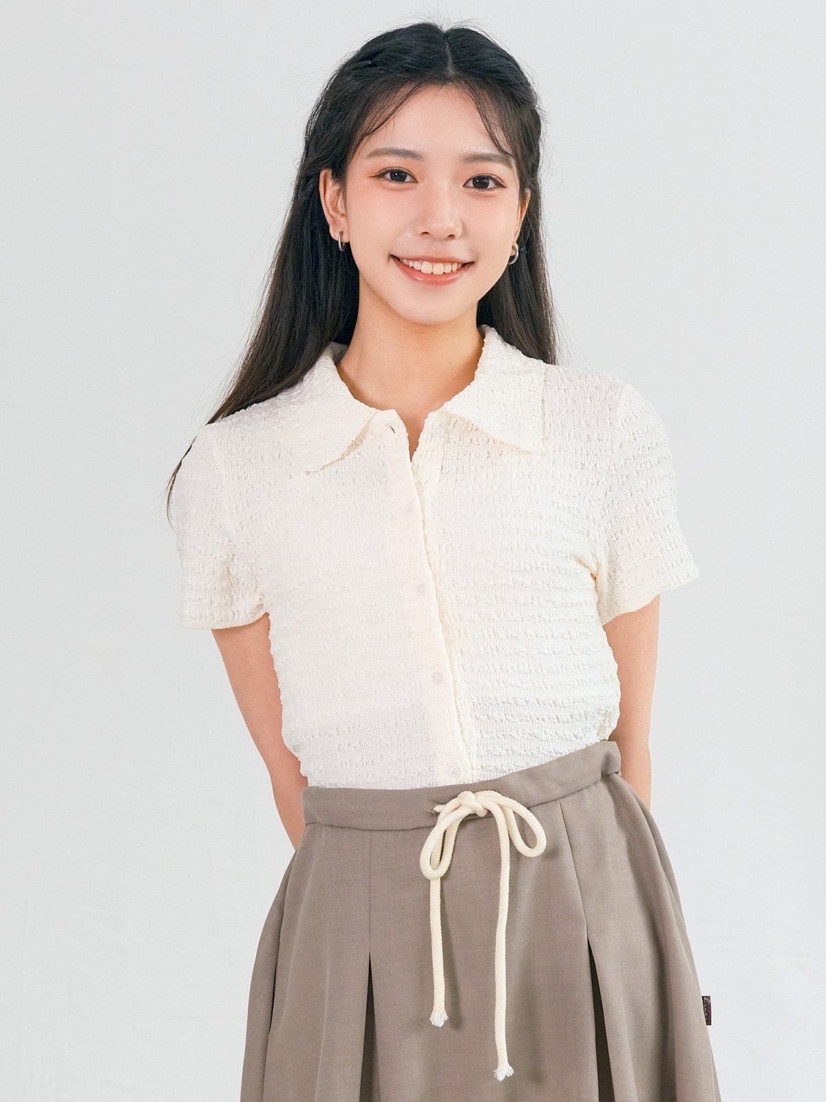 Tilda Textured Open Collar Top - DAG-G-220140IvoryF - Mochi Ivory - F - D'ZAGE Designs