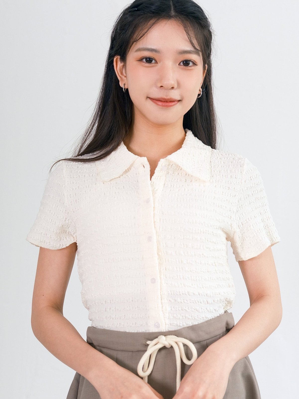 Tilda Textured Open Collar Top - DAG-G-220140IvoryF - Mochi Ivory - F - D'ZAGE Designs