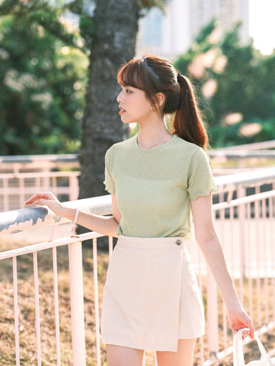 Crew Neck Lettuce Hem Top - DAG-KR9239-22Matcha - Matcha Green - F - D'ZAGE Designs