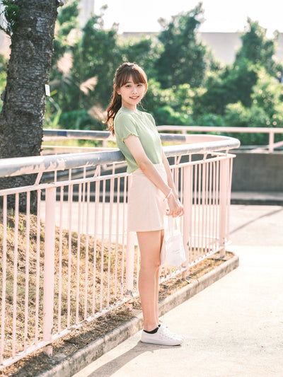 Crew Neck Lettuce Hem Top - DAG-KR9239-22Matcha - Matcha Green - F - D'ZAGE Designs