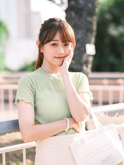Crew Neck Lettuce Hem Top - DAG-KR9239-22Matcha - Matcha Green - F - D'ZAGE Designs