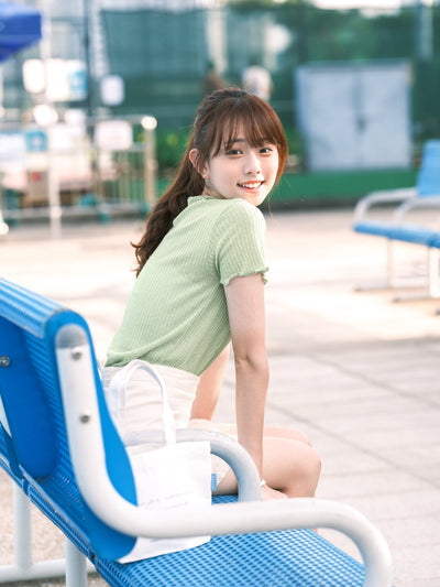 Crew Neck Lettuce Hem Top - DAG-KR9239-22Matcha - Matcha Green - F - D'ZAGE Designs