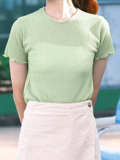 Crew Neck Lettuce Hem Top - DAG-KR9239-22Matcha - Matcha Green - F - D'ZAGE Designs
