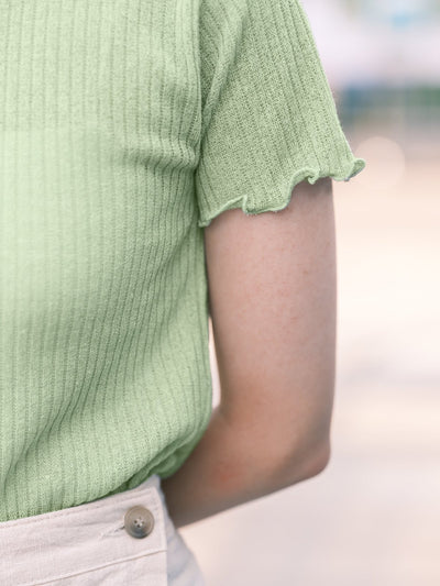 Crew Neck Lettuce Hem Top - DAG-KR9239-22Matcha - Matcha Green - F - D'ZAGE Designs