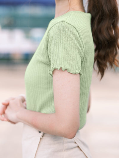 Crew Neck Lettuce Hem Top - DAG-KR9239-22Matcha - Matcha Green - F - D'ZAGE Designs
