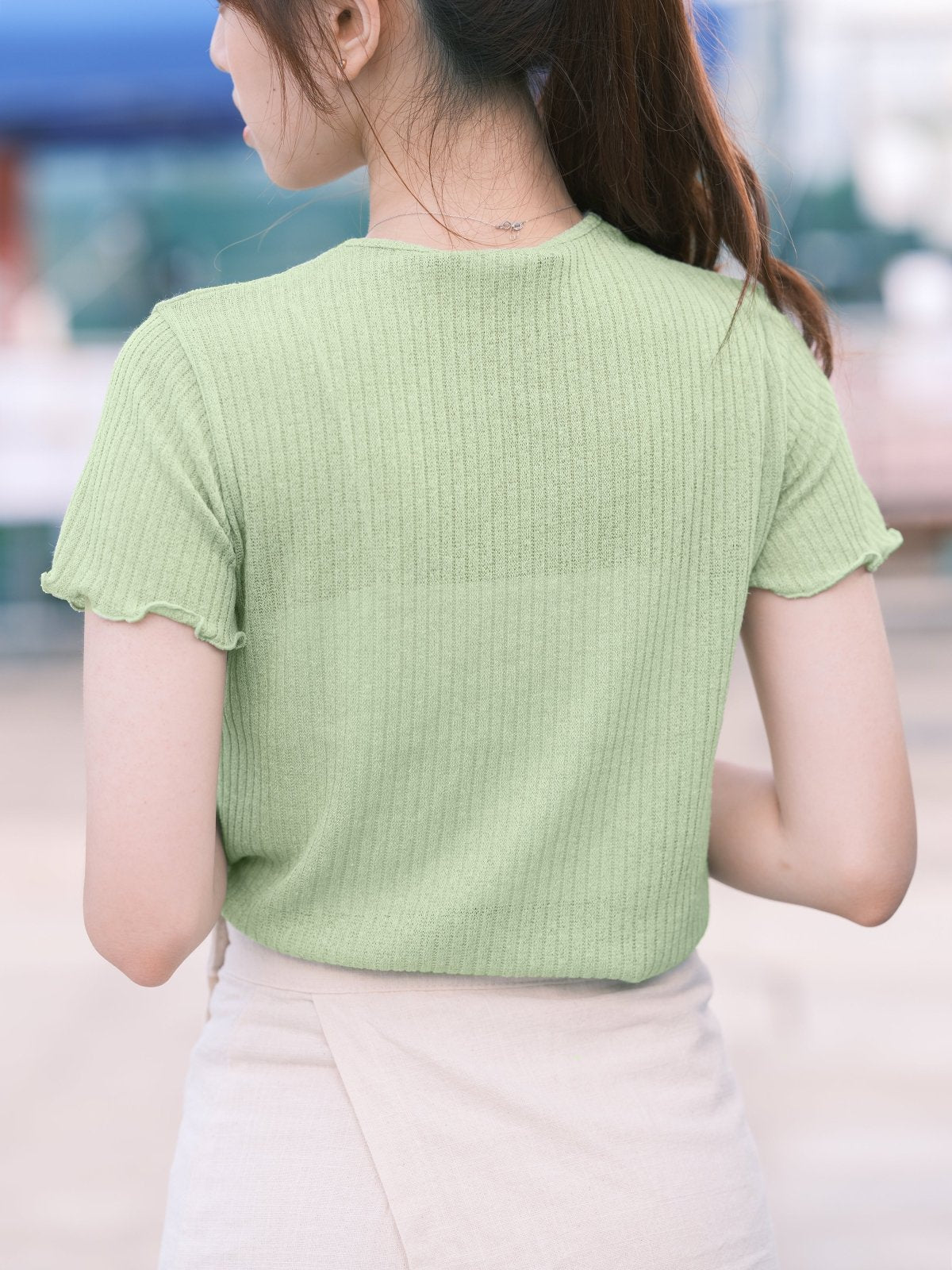 Crew Neck Lettuce Hem Top - DAG-KR9239-22Matcha - Matcha Green - F - D'ZAGE Designs