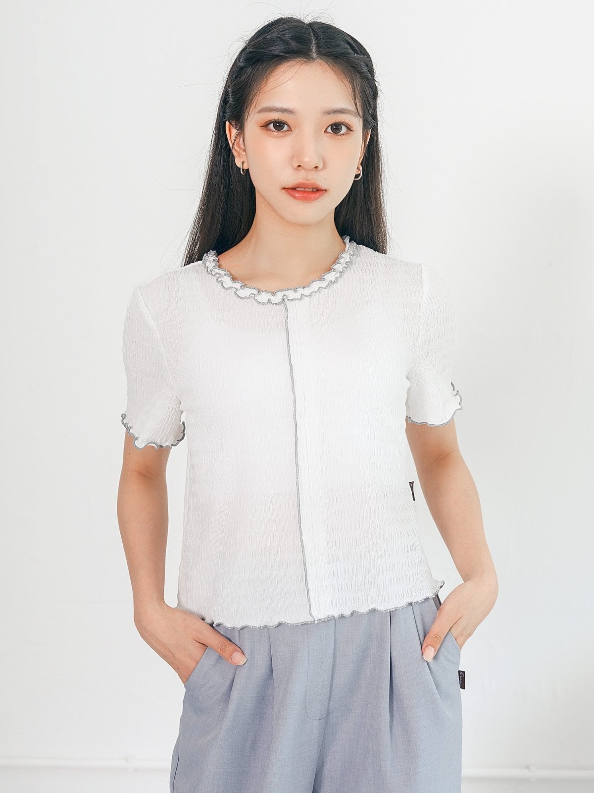 Estelle Front Seam Contrast Top - DAG-DD0361-23WhiteblueS - White With Blue Hem - S - D'ZAGE Designs