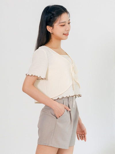 Millie Contrast Hem Textured Set - DAG-DD0367-23CreambrownF - Cream With Brown Hem - F - D'ZAGE Designs
