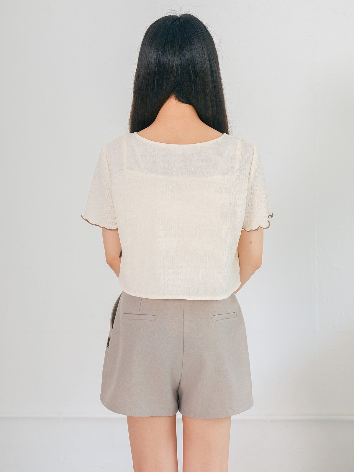 Millie Contrast Hem Textured Set - DAG-DD0367-23CreambrownF - Cream With Brown Hem - F - D'ZAGE Designs