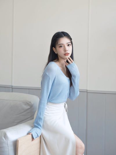 Verana V-neck Knit Top - DAG-G-220088BabyBlueF - Baby Blue - F - D'ZAGE Designs