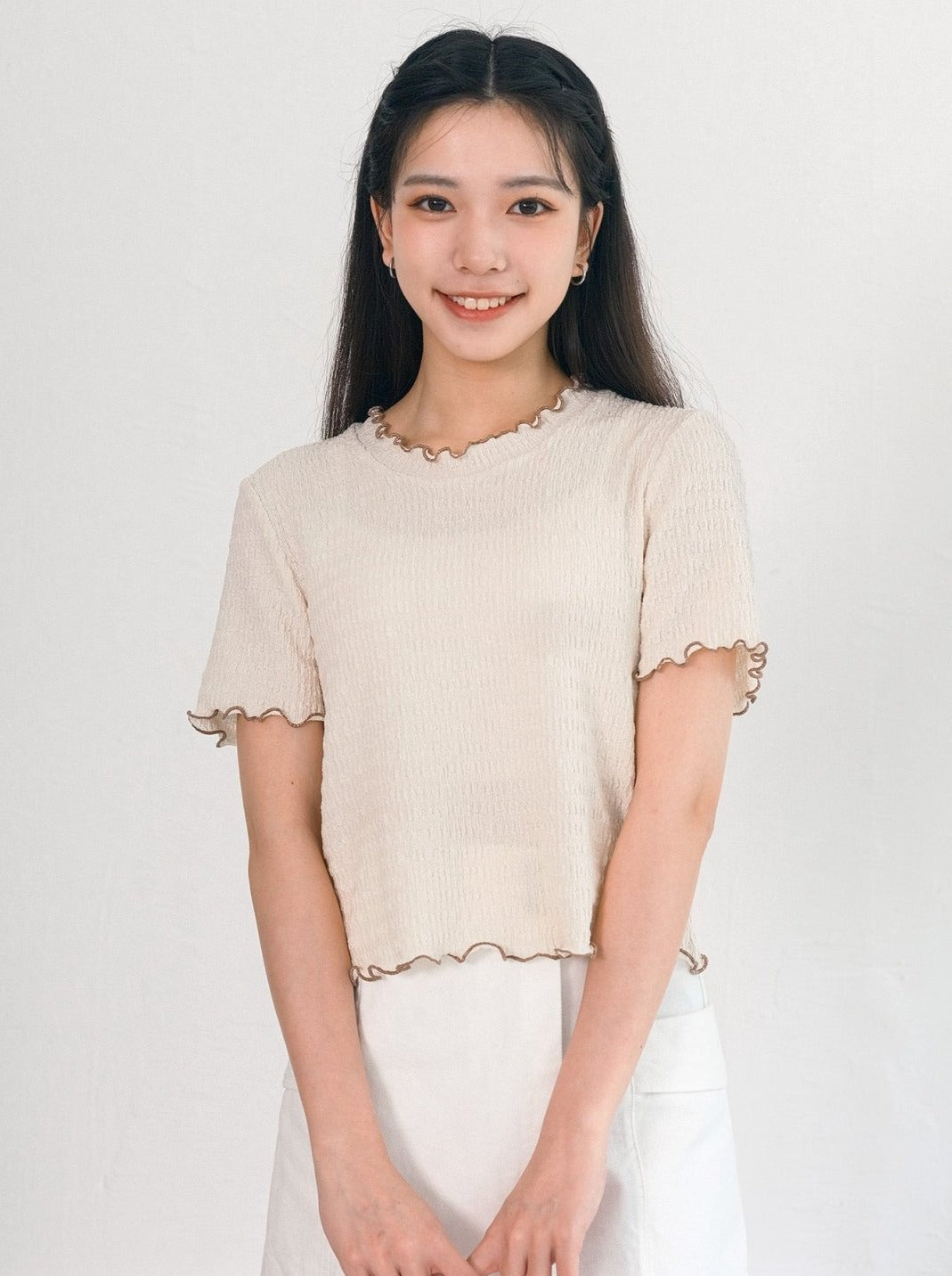 Eve Must-Have Wrinkle Ruffle Tee - DAG-DD0363-23CreamBrownS - Cream With Brown Hem - S - D'ZAGE Designs