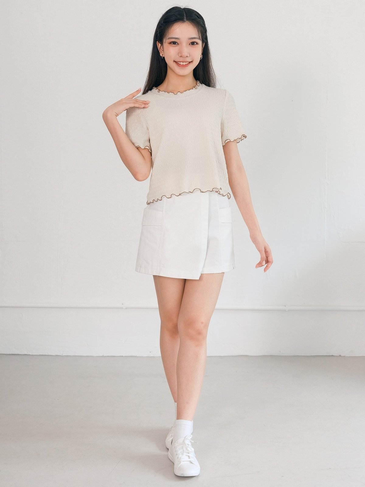 Eve Must-Have Wrinkle Ruffle Tee - DAG-DD0363-23CreamBrownS - Cream With Brown Hem - S - D'ZAGE Designs