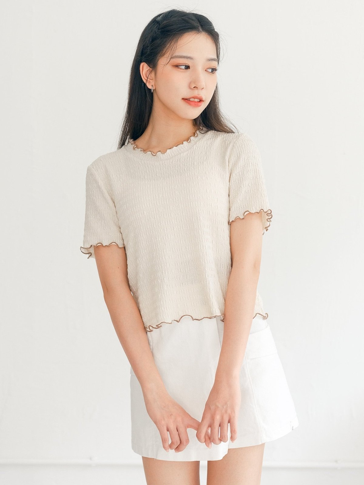 Eve Must-Have Wrinkle Ruffle Tee - DAG-DD0363-23CreamBrownS - Cream With Brown Hem - S - D'ZAGE Designs