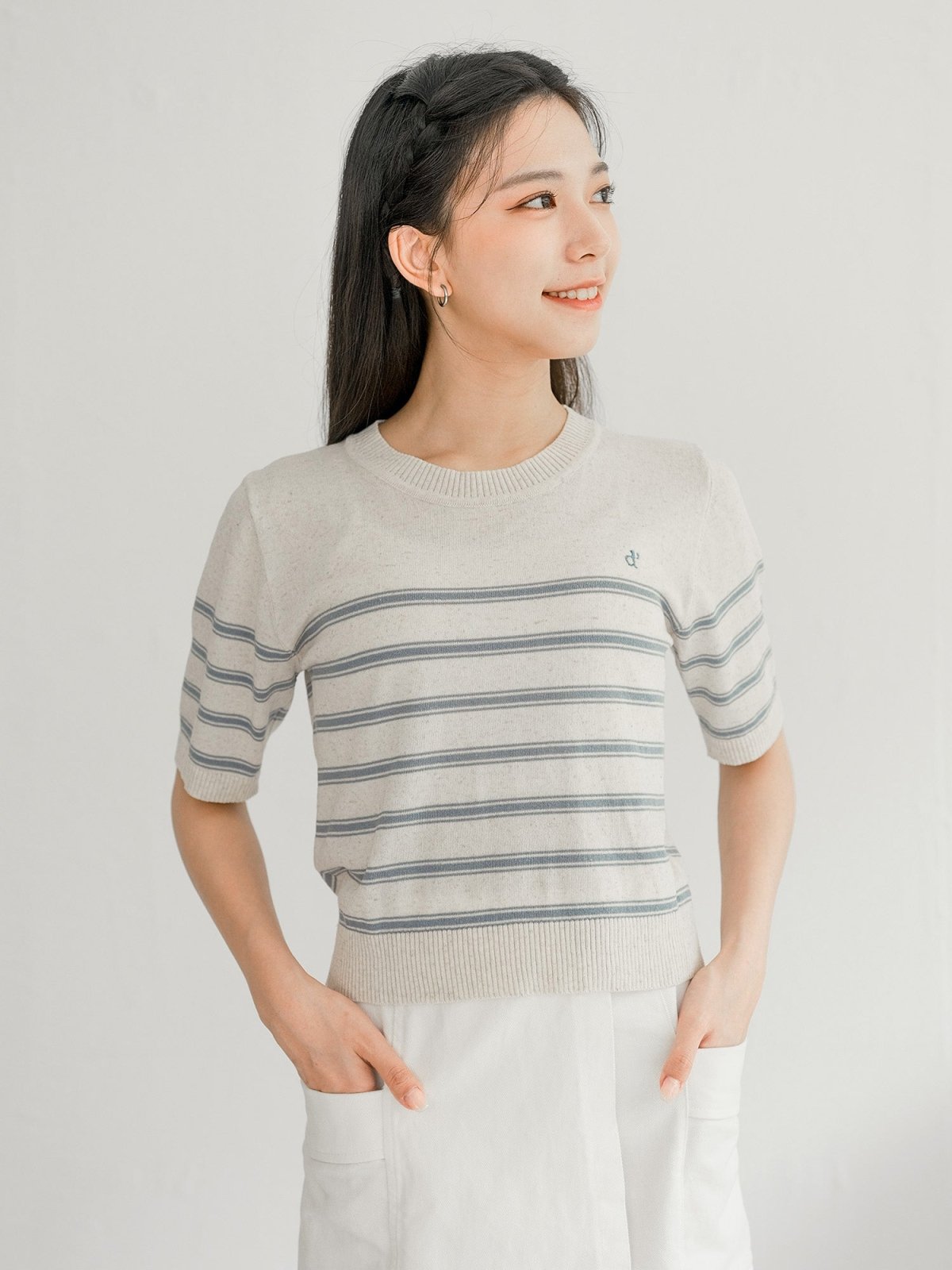 Signature Striped Knit Top - DAG-G-220133BlueF - Blue With Cream Hem - F - D'ZAGE Designs