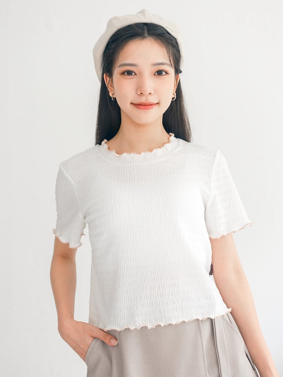 Eve Must-Have Wrinkle Ruffle Tee - DAG-DD0363-23WhitePinkS - White With Pink Hem - S - D'ZAGE Designs