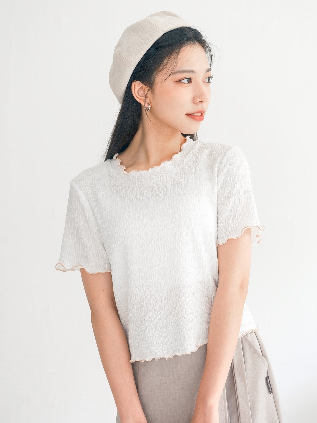 Eve Must-Have Wrinkle Ruffle Tee - DAG-DD0363-23WhitePinkS - White With Pink Hem - S - D'ZAGE Designs