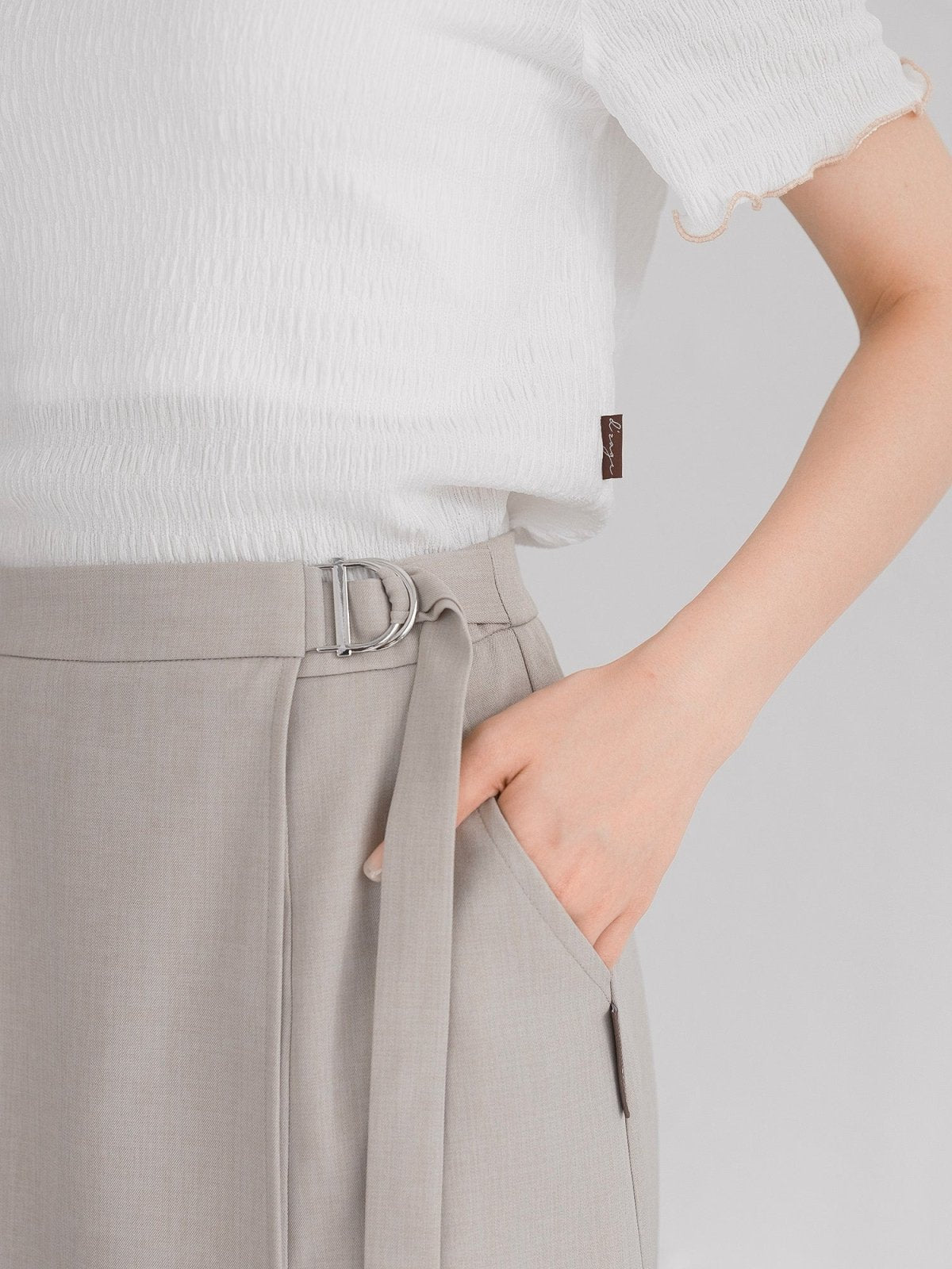 Yuna Buckled Wrap Midi Skirt - DAG-DD0341-23LightBeigeS - Beige - S - D'ZAGE Designs