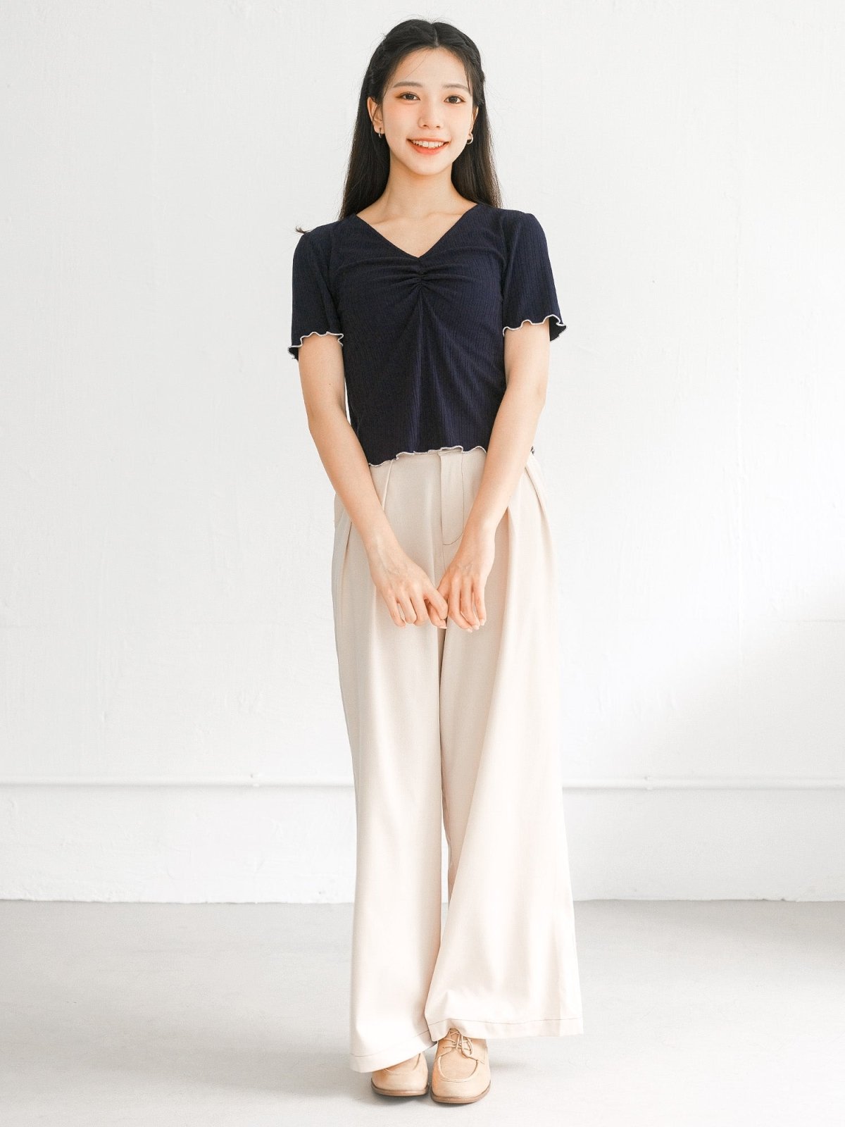 Perri Contrast Hem Front Gathered Top - DAG-DD0369-23NavyS - Navy Knit - S - D'ZAGE Designs