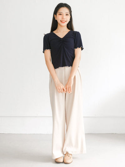 Perri Contrast Hem Front Gathered Top - DAG-DD0369-23NavyS - Navy Knit - S - D'ZAGE Designs