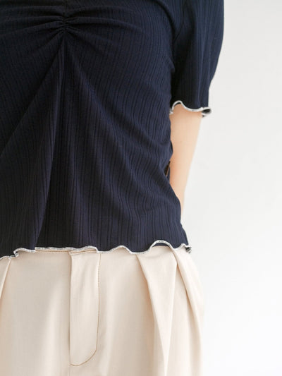 Perri Contrast Hem Front Gathered Top - DAG-DD0369-23NavyS - Navy Knit - S - D'ZAGE Designs