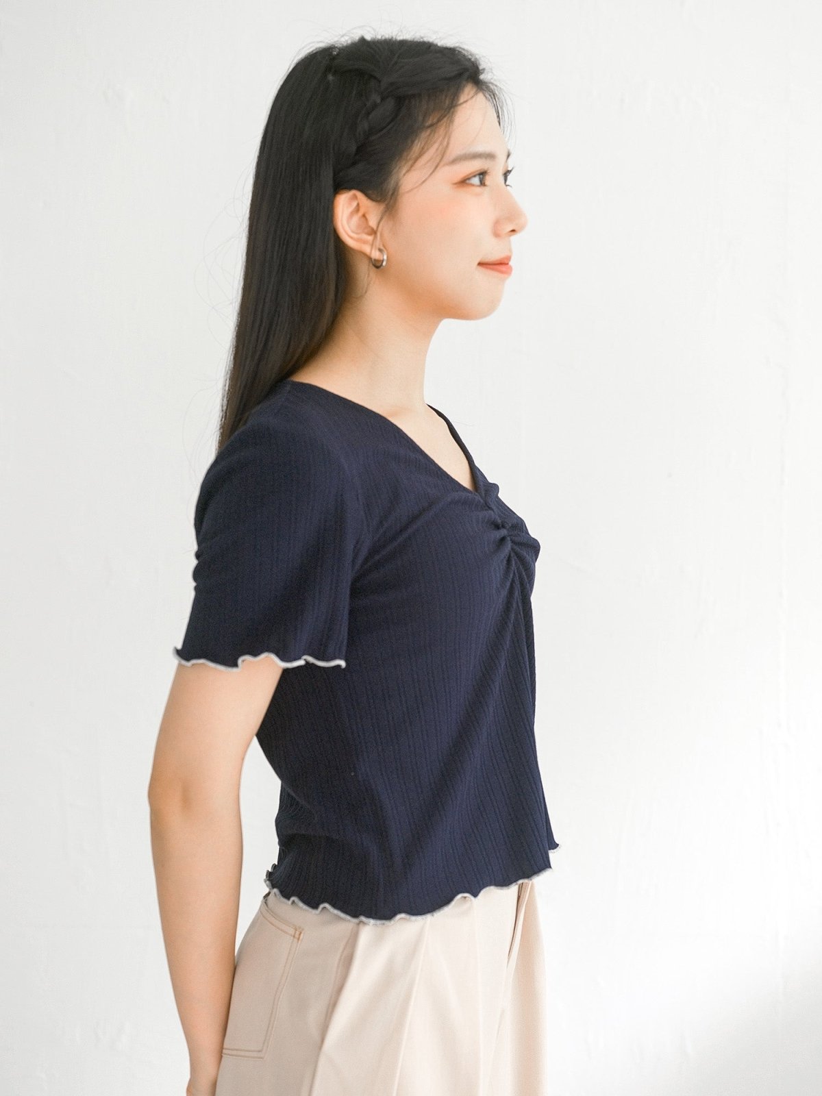 Perri Contrast Hem Front Gathered Top - DAG-DD0369-23NavyS - Navy Knit - S - D'ZAGE Designs