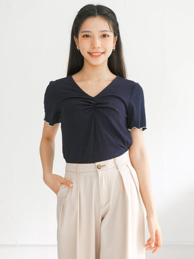 Perri Contrast Hem Front Gathered Top - DAG-DD0369-23NavyS - Navy Knit - S - D'ZAGE Designs