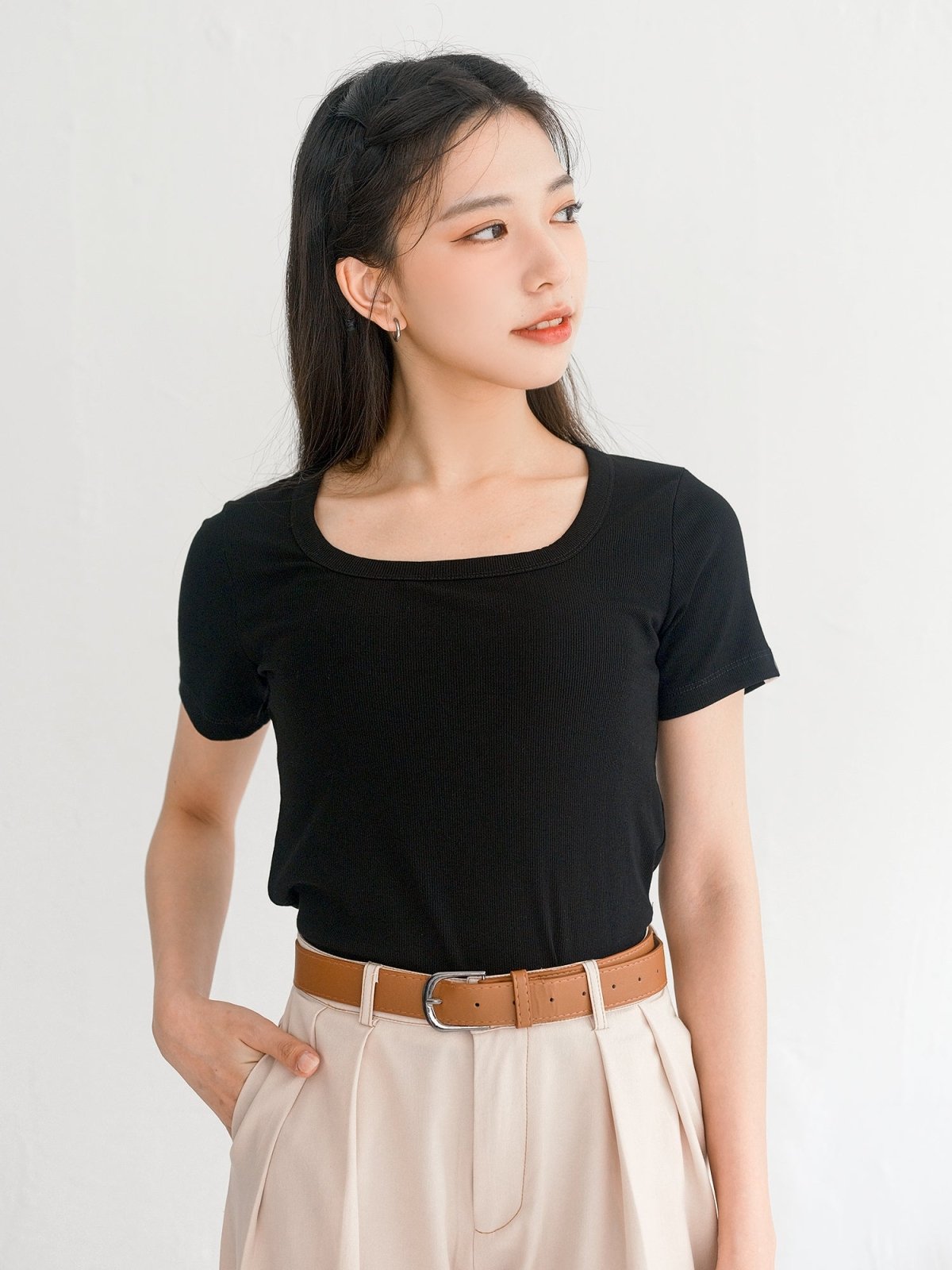 Leora Square Neck Tee - DAG-G-220135BlackF - Black - F - D'ZAGE Designs