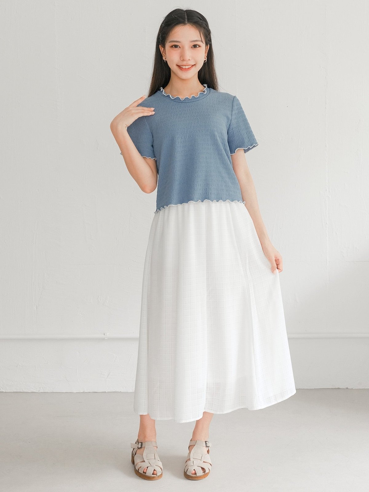 Eve Must-Have Wrinkle Ruffle Tee - DAG-DD0363-23BlueWhiteS - Blue With White Hem - S - D'ZAGE Designs