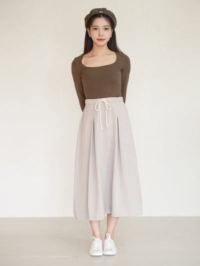 Belle Tie Waist Flare Midi Skirt - DAG-DD9534-22ChalkF - Gray - F - D'ZAGE Designs