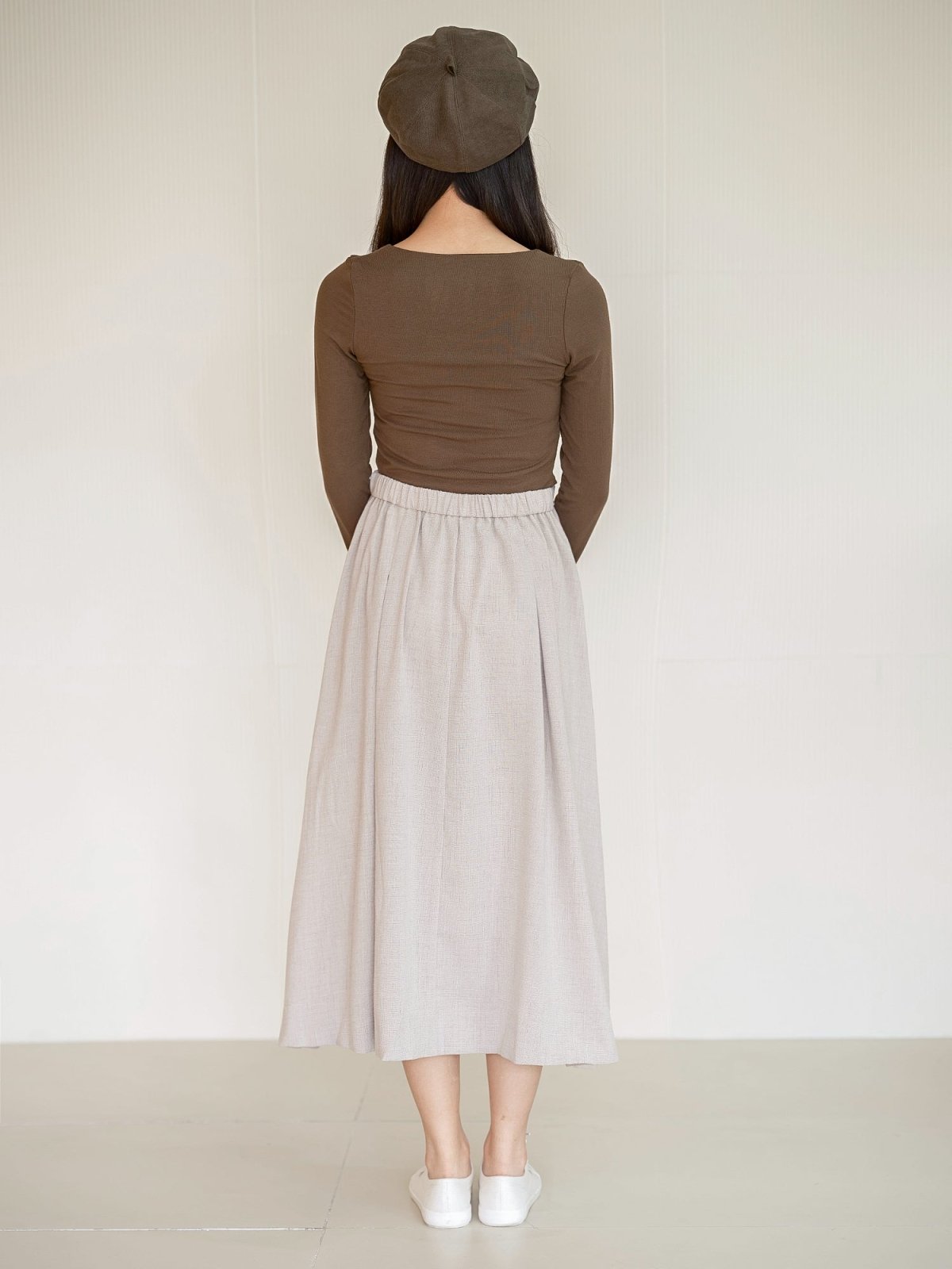 Belle Tie Waist Flare Midi Skirt - DAG-DD9534-22ChalkF - Gray - F - D'ZAGE Designs