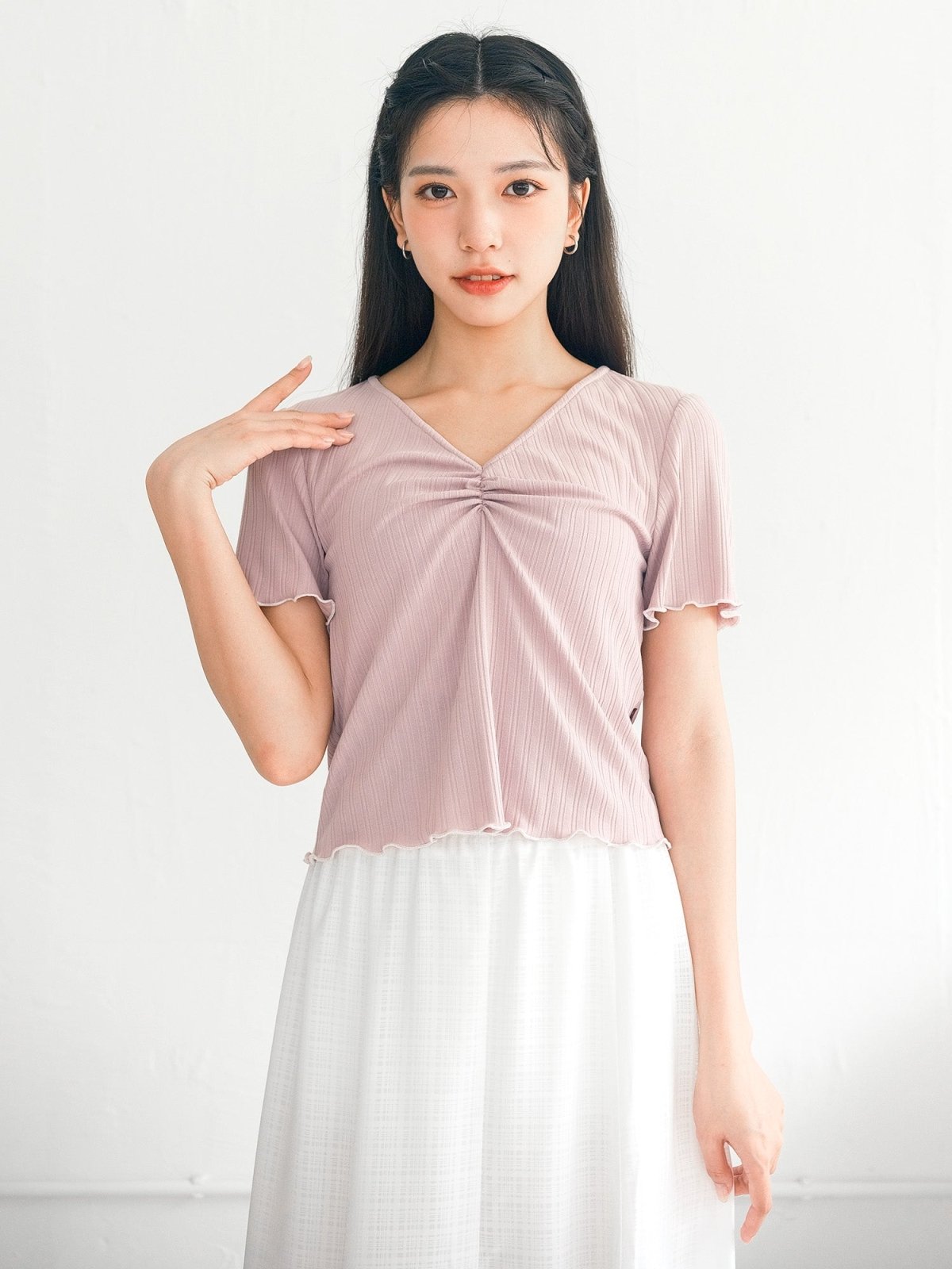 Perri Contrast Hem Front Gathered Top - DAG-DD0369-23PinkS - Dusty Pink Knit - S - D'ZAGE Designs