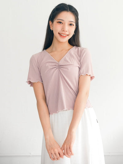 Perri Contrast Hem Front Gathered Top - DAG-DD0369-23PinkS - Dusty Pink Knit - S - D'ZAGE Designs