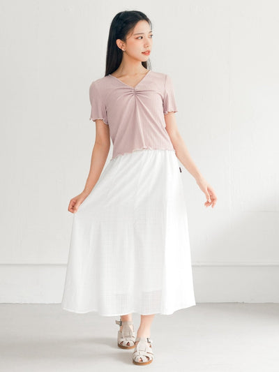 Perri Contrast Hem Front Gathered Top - DAG-DD0369-23PinkS - Dusty Pink Knit - S - D'ZAGE Designs
