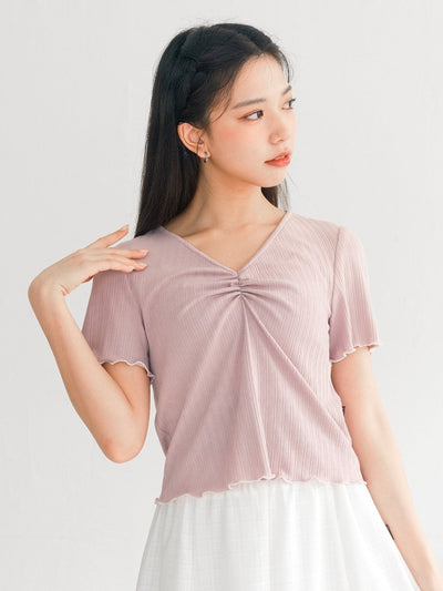 Perri Contrast Hem Front Gathered Top - DAG-DD0369-23PinkS - Dusty Pink Knit - S - D'ZAGE Designs