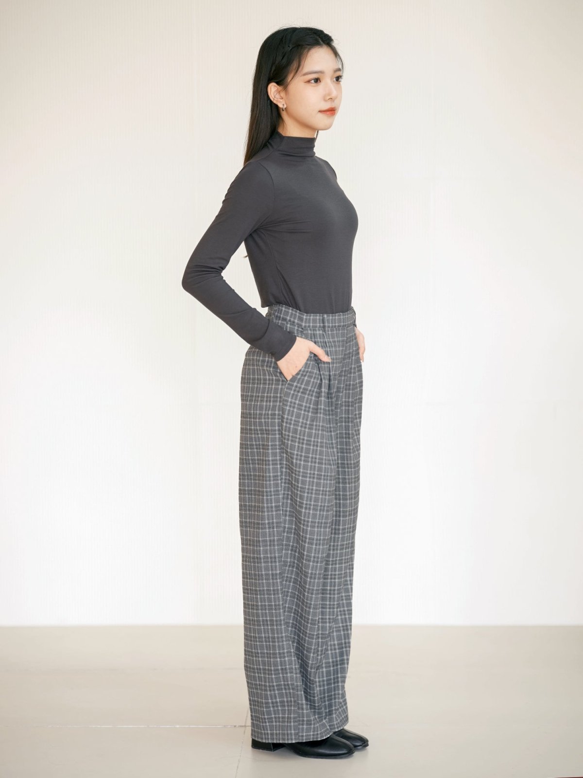 Penny Plaid Wide Leg Trousers - DAG-DD8516-23GrayPlaidS - Dark Gray - S - D'ZAGE Designs