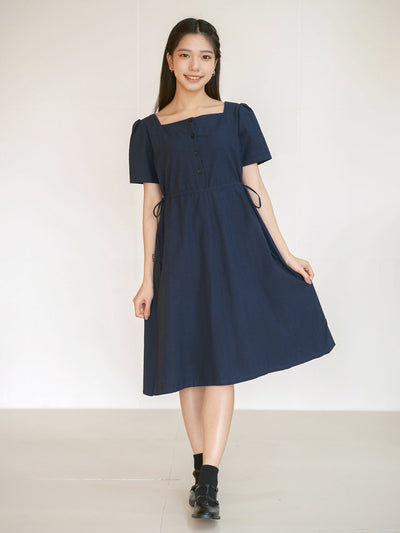 Kino Cotton Two-Way Square Neck Dress - DAG-DD0155-23NavyF - Navy Blue - F - D'ZAGE Designs