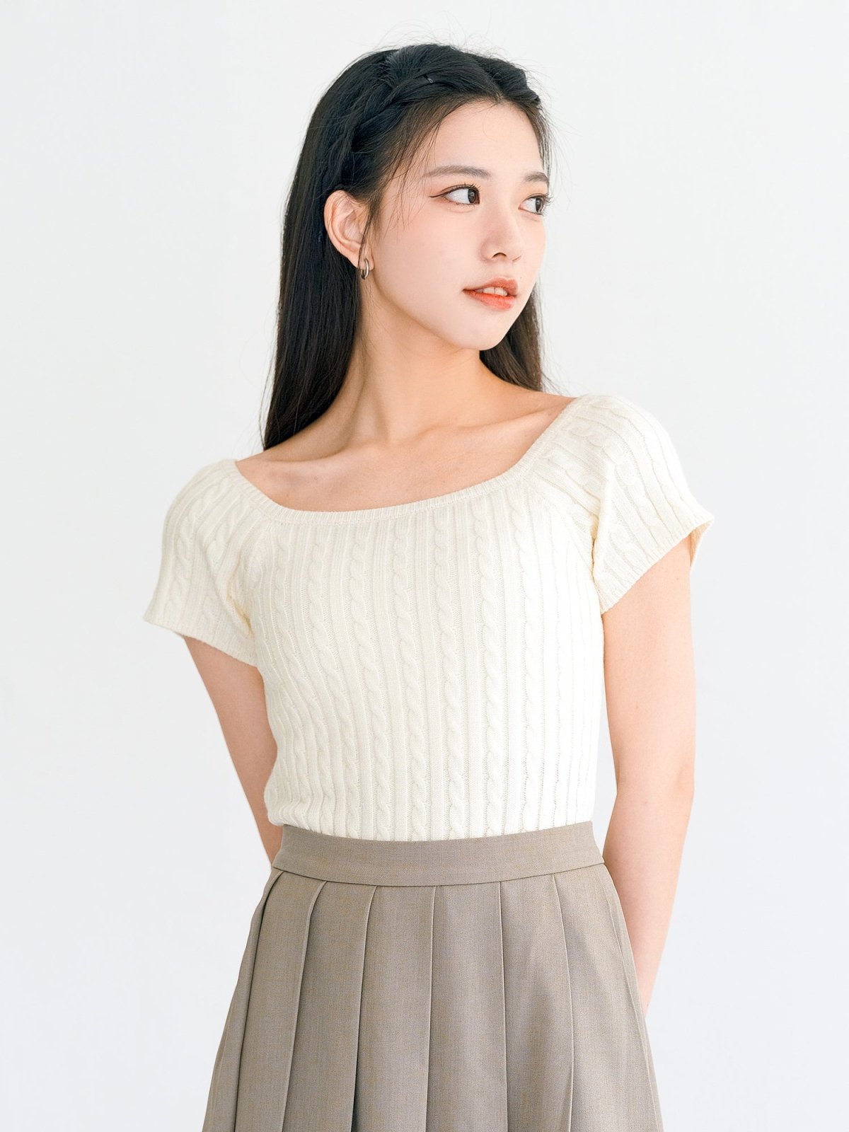 Snow Cable Knit Short Sleeve Top - DAG-G-220160IVORYF - Mochi Ivory - F - D'ZAGE Designs