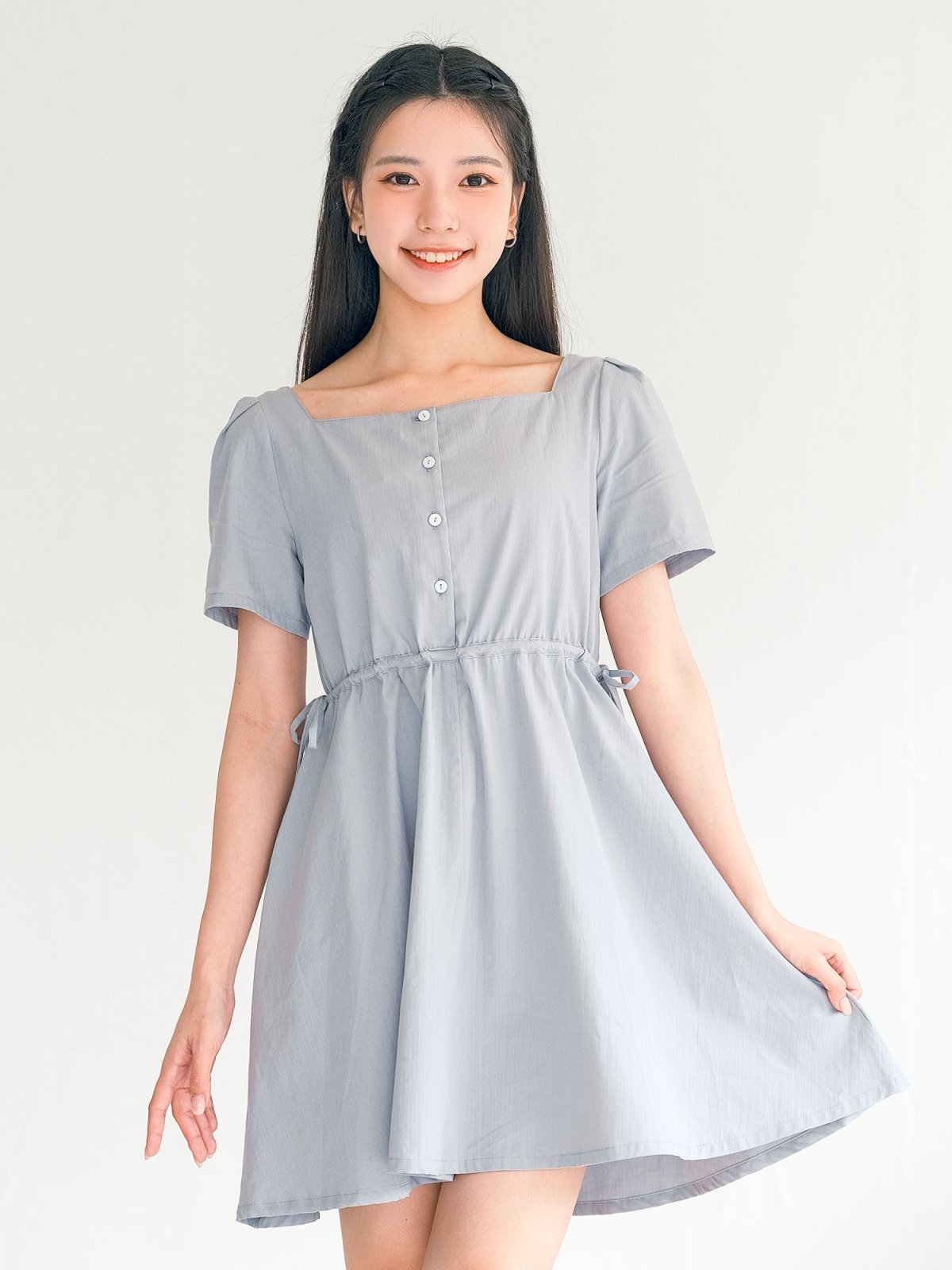 Khloe Square Neck Short Sleeve Dress - DAG-DD0207-23MistyBlueF - Baby Blue - F - D'ZAGE Designs