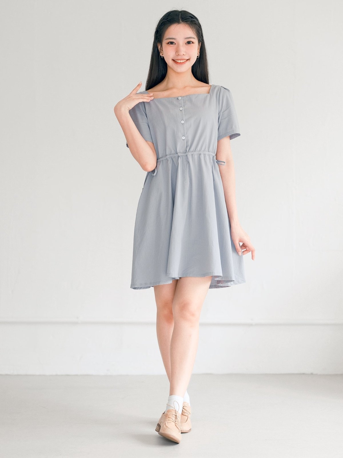 Khloe Square Neck Short Sleeve Dress - DAG-DD0207-23MistyBlueF - Baby Blue - F - D'ZAGE Designs