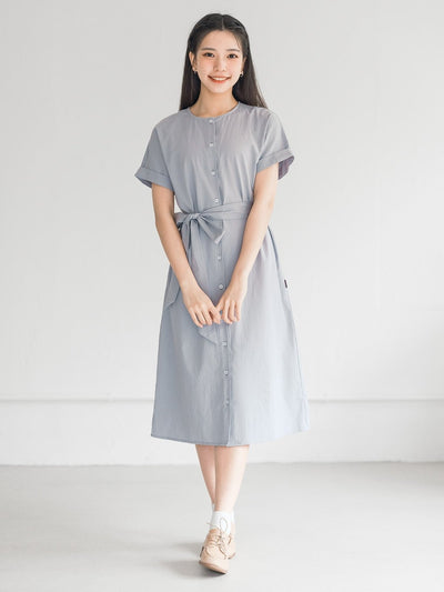 Tessa Crew Neck Tie Waist Dress - DAG-DD9451-23BabyBlueF - Stone Blue - F - D'ZAGE Designs