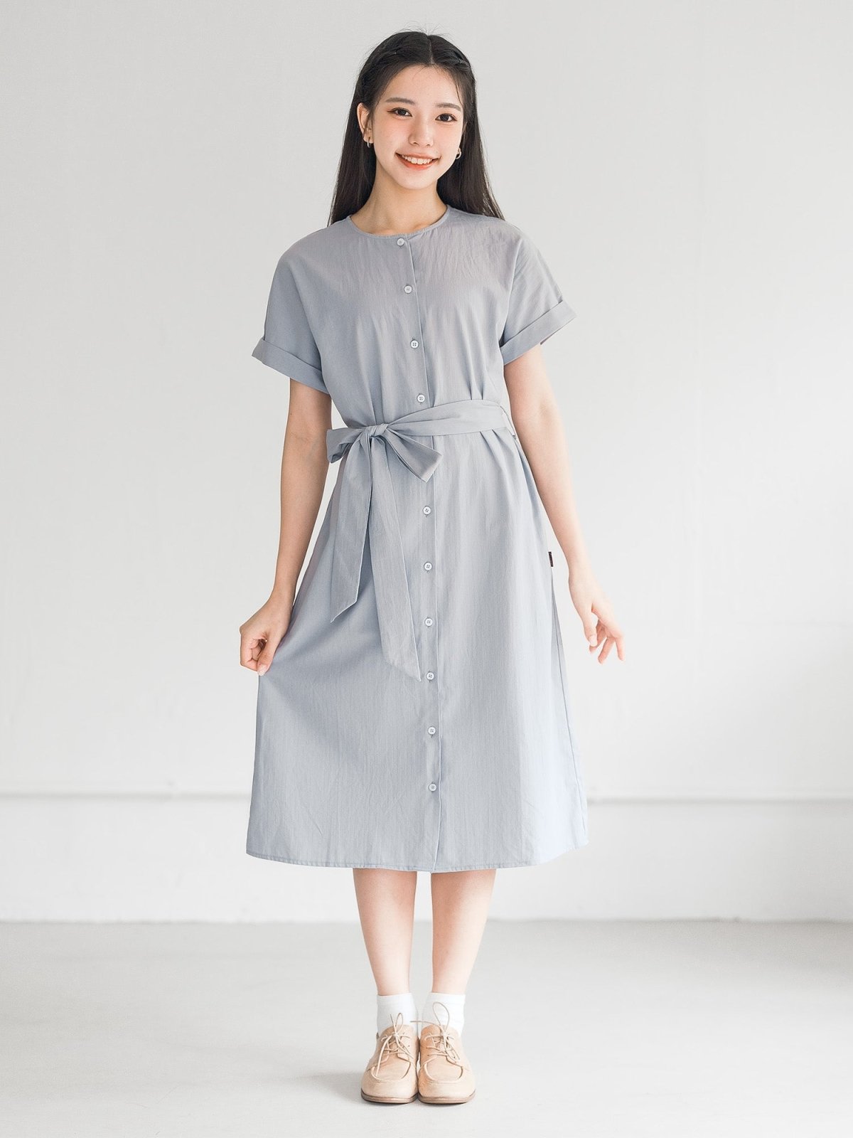 Tessa Crew Neck Tie Waist Dress - DAG-DD9451-23BabyBlueF - Stone Blue - F - D'ZAGE Designs