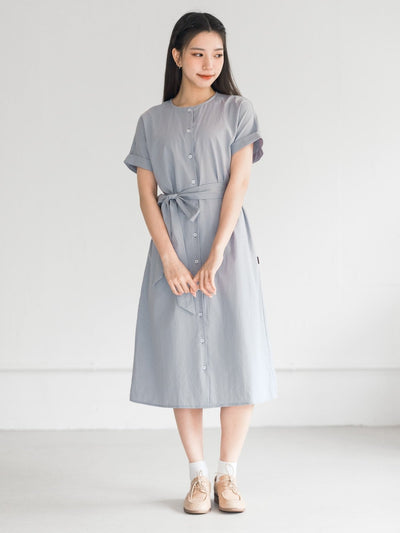 Tessa Crew Neck Tie Waist Dress - DAG-DD9451-23BabyBlueF - Stone Blue - F - D'ZAGE Designs