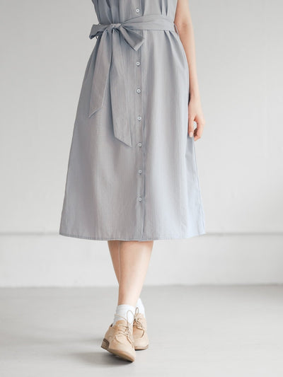 Tessa Crew Neck Tie Waist Dress - DAG-DD9451-23BabyBlueF - Stone Blue - F - D'ZAGE Designs