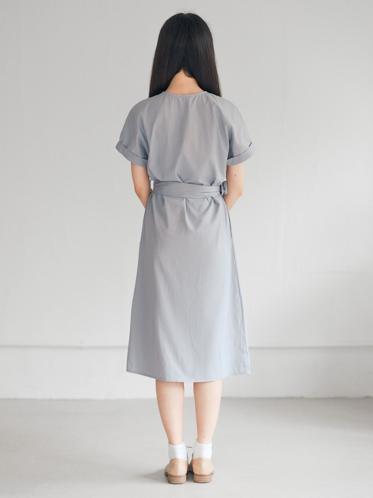 Tessa Crew Neck Tie Waist Dress - DAG-DD9451-23BabyBlueF - Stone Blue - F - D'ZAGE Designs