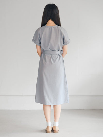 Tessa Crew Neck Tie Waist Dress - DAG-DD9451-23BabyBlueF - Stone Blue - F - D'ZAGE Designs