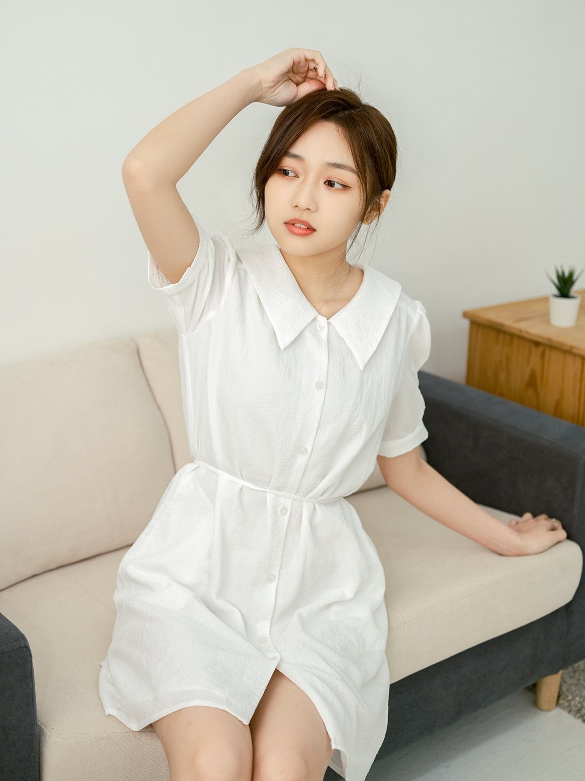 Textured Shirt Dress IVORY - DAG-DD8664-21IvoryS - Marshmallow White - S - D'ZAGE Designs